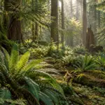 Soft sunlight across ferns in a North Vancouver coastal forest