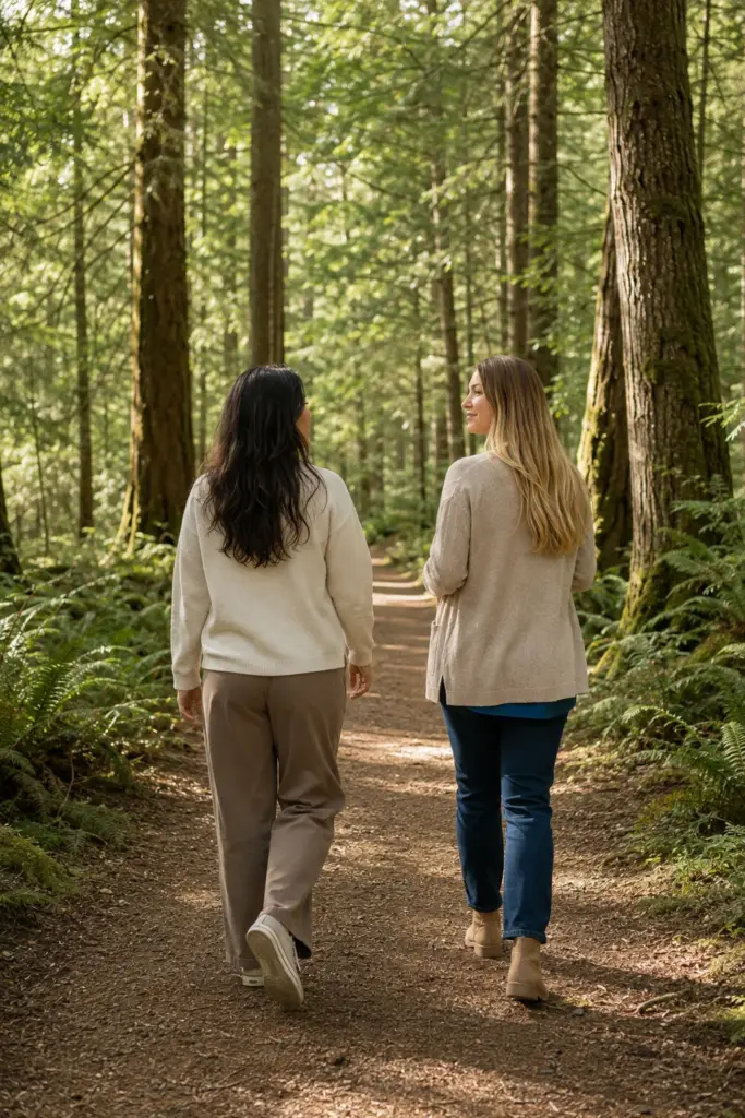 Ileah Snell walking beside an adult on a forest trail, representing nature therapy in North Vancouver.