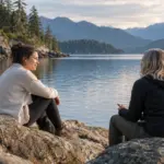 Two adults having a quiet counselling conversation beside calm water in North Vancouver