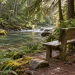 Weathered cedar bench beside a forest creek in North Vancouver