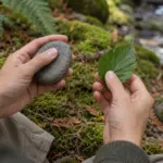 Hands holding a smooth stone and green leaf during a sensory grounding exercise